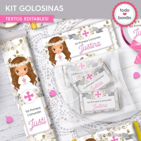 Primera Comunión modelo Justina: kit etiquetas de golosinas