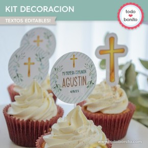 Follaje y Cruz: kit imprimible decoración de fiesta