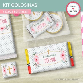 Follaje, flores y cruz: kit etiquetas de golosinas