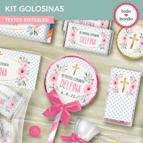 Follaje, flores y cruz: kit etiquetas de golosinas