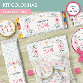 Follaje, flores y cruz: kit etiquetas de golosinas