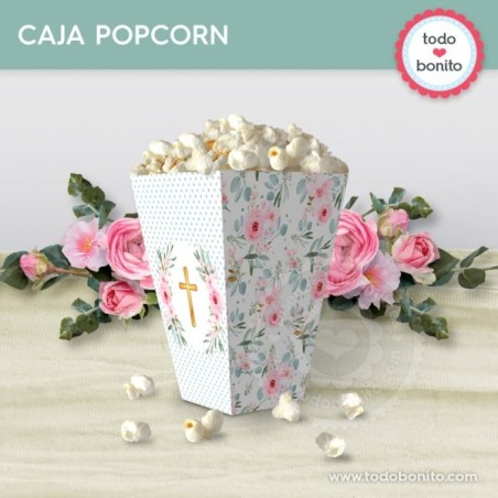 Follaje, flores y cruz: cajita popcorn