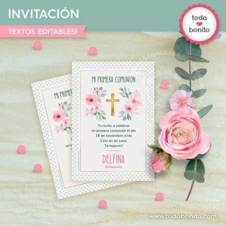 Follaje, flores y cruz: invitación imprimible y digital