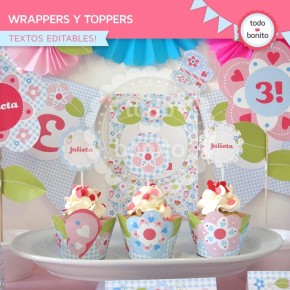 Flores y mariposas:  wrappers y toppers para cupcakes