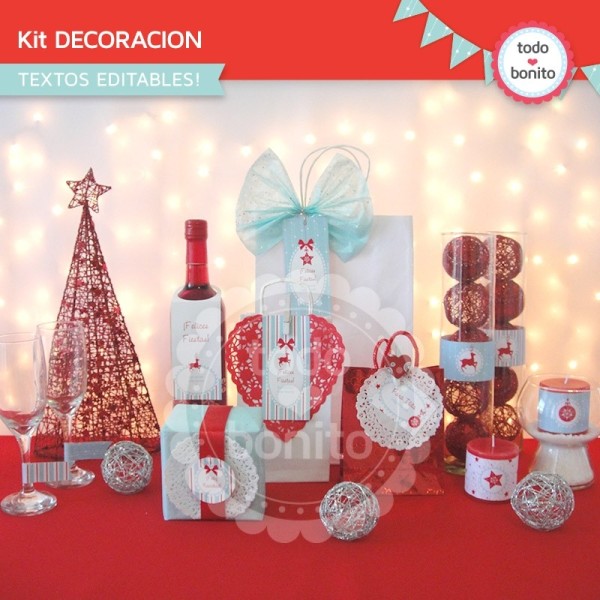 Navidad aqua y rojo: kit decoración imprimible