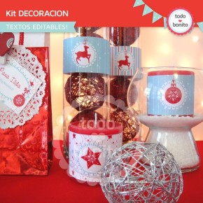 Navidad aqua y rojo: kit decoración imprimible