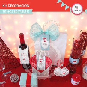 Navidad aqua y rojo: kit decoración imprimible