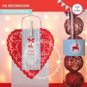 Navidad aqua y rojo: kit decoración imprimible