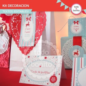 Navidad aqua y rojo: kit decoración imprimible