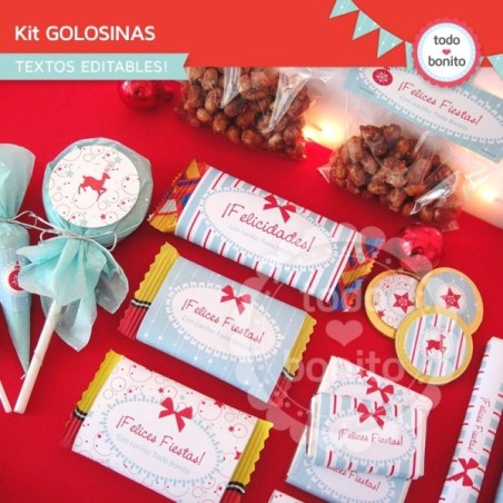 Navidad aqua y rojo: kit etiquetas de golosinas