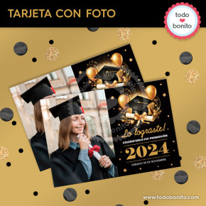 Graduación negro y dorado: tarjeta con foto