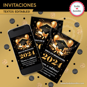 Graduación negro y dorado: invitación imprimible y digital