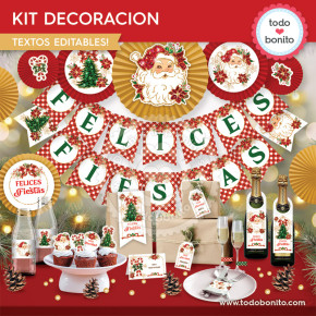 Santa vintage glitter dorado y rojo: kit imprimible decoración