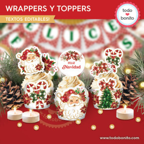 Santa vintage glitter dorado y rojo: wrappers toppers cupcakes