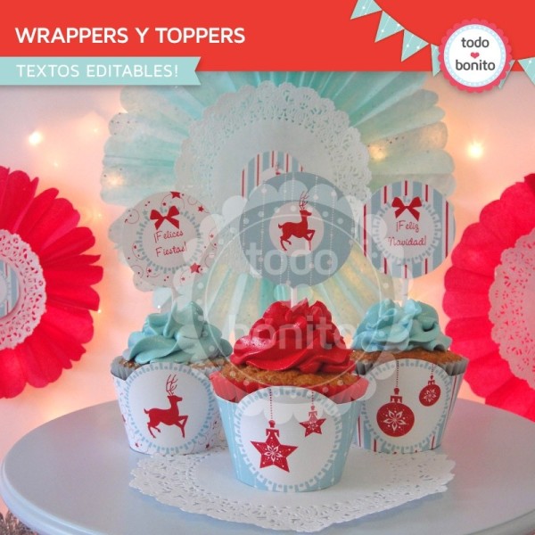 Navidad aqua y rojo: wrappers y toppers