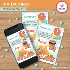 Capibara celeste: invitación imprimible y digital