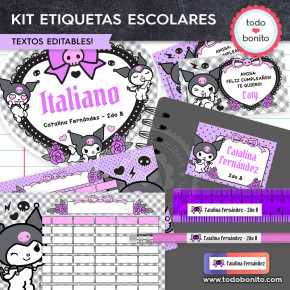 Kuromi: Kit imprimible etiquetas escolares